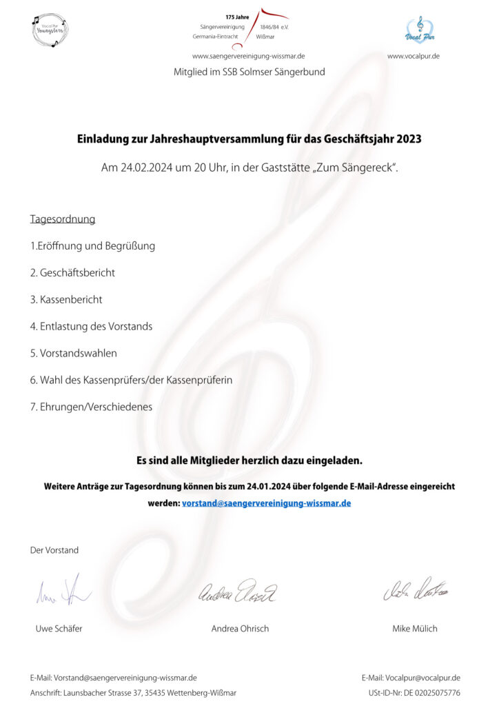 Einladung zur Jahreshauptversammlung der Sängervereinigung Germania-Eintracht Wissmar e.V. am 24.02.2024 um 20 Uhr
